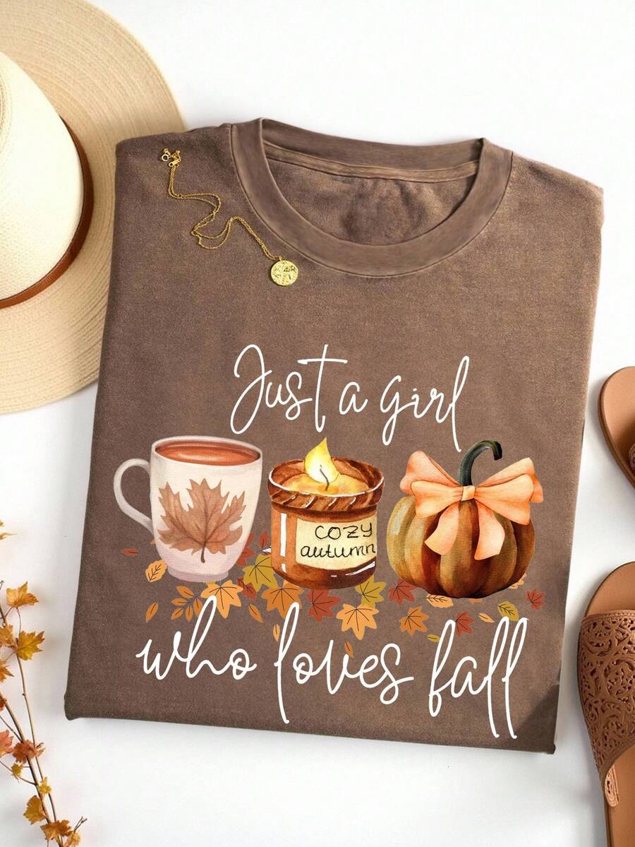 INAWLY Camiseta casual de mujer con estampado de letra de calabaza, otoño - Café integral - Ver 1
