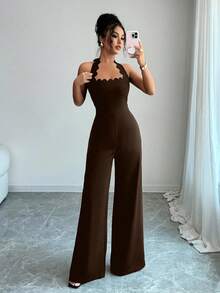 Selianne Women's Elegant Wavy Halter Wide Leg Jumpsuit, Suitable For Commuting, Dating, And Vacation - Brown - View 5