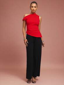 L'Amorae Women's Elegant Solid Color Asymmetric Top, Summer - Red - View 5