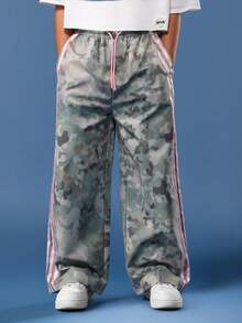 Quần ống rộng rằn ri SUMWON dành cho bé gái tuổi teen với sọc hồng bên hông, kiểu dáng thể thao năng động, thích hợp cho mùa thu đông và kỳ nghỉ. - xanh quân đội - Xem 4