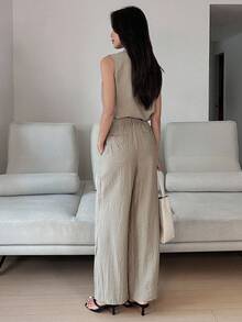 DAZY Women's Sleeveless Poncho Top And Loose Straight Leg Pants 2 Pieces Casual Set - Khaki - View 3