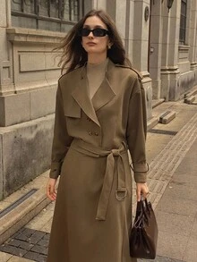 DAZY Women's Solid Color Loose Lapel Shoulder Strap Belt Cuff Double-Breasted Outdoor Jacket & A-Line Skirt Casual Street Suit, 2-Piece Set, Autumn/Winter