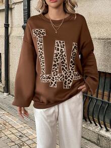 Elyressa Leopard & Letter Graphic Drop Shoulder Sweatshirt Fall Cloth For Women - Coffee Brown - View 5