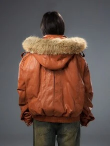 Bloopia 梅洛南瓜色复古工装风格休闲时尚个性简约女式秋冬万圣节宽松连帽 PU 皮夹克 - 橘色 - 查看 2