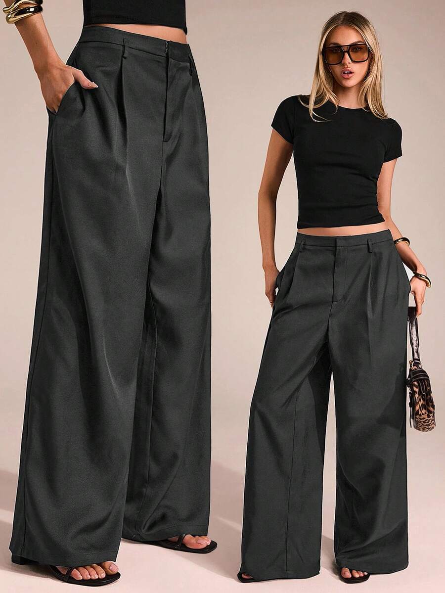 SHEIN Forever 21 女士裤子商务休闲女士西装女士阔腿裤办公室女士服装宽松裤职业女性服装办公室服装灰色 - 深灰色 - 查看 1