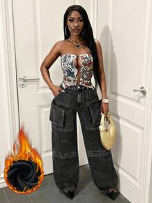 Slaydiva Women's Cargo Pocket Thermal Lined Loose Fit Wide Leg Casual Jeans - Dark Grey - View 7