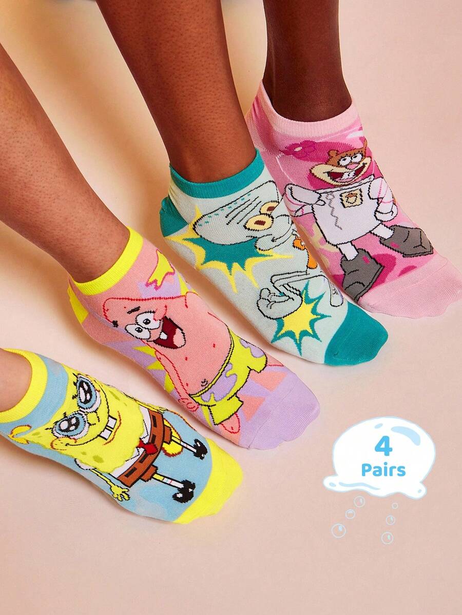 SpongeBob SquarePants | SHEIN 4 双可爱卡通女士柔软透气吸湿排汗短袜时尚休闲短袜加固脚趾和脚跟耐用所有季节百搭夏季冬季，Patrick，Squidward，Sandy - 彩色 - 查看 1