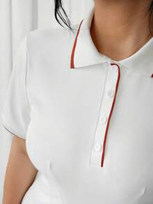 Elenzga Plus Size Women's New Fashion Wave Flare Ribbed Collar Short Sleeve Dress