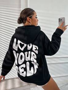 SHEIN Unity Slogan Graphic Drop Shoulder Drawstring Thermal Lined Hoodie LOVE YOURSELF Graduation,Teacher,Back To School Pullover Fall - Black - View 6