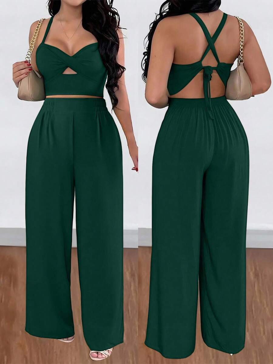SHEIN LUNE 2件套性感度假扭纹后背系带宽松阔腿裤套装 - 墨綠色 - 查看 1