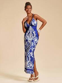 Travachic Women's Royal Blue And Floral V Neck Fitted Camisole Maxi Dress, Summer Boho Holiday Vacation, Luxury Elegant Wedding Guest Prom Outfits - Blue - View 5