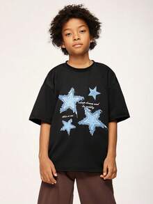 SHEIN Explorewe Camiseta de manga corta con cuello redondo y bordado de estrella, estilo casual de calle para niño preadolescente, verano - Negro - Ver 1