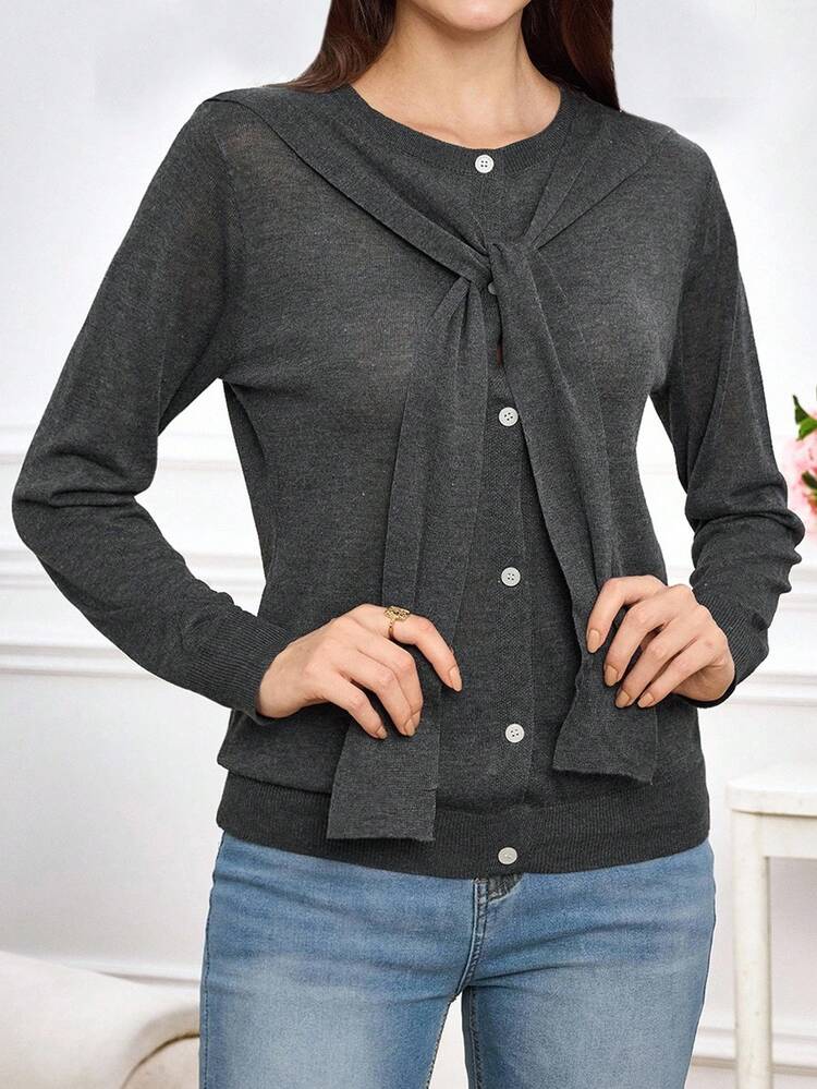Cardigan casual da donna con colletto a cravatta, grigio scuro