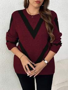 EMERY ROSE 大码女式休闲时尚修身圆领长袖提花针织套头衫，秋冬 - 酒紅色 - 查看 6