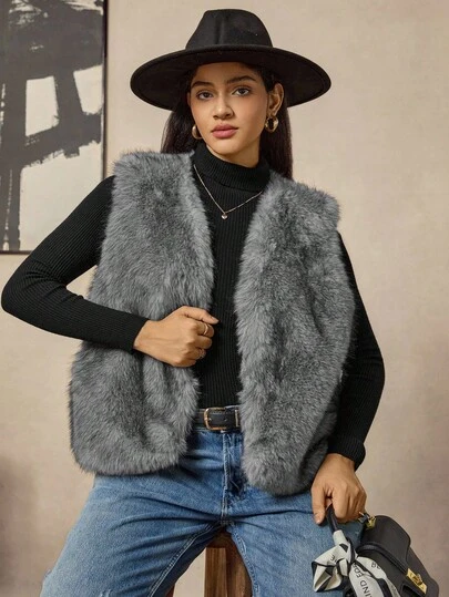 Zelara 加大码人造毛皮大衣圣诞节圣诞节毛皮背心女背心女灰色背心人造毛皮背心灰色毛皮背心秋冬