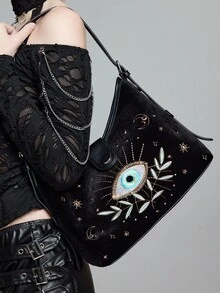 ROMWE Fairycore Women's Casual Shoulder Bag With Eye Embroidery Design, Suitable For Daily Commute - Black - View 1