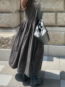 FRIFUL Đầm yếm không tay màu đen trơn dành cho nữ, chất liệu vải nhung kẻ, chân váy xếp ly xòe rộng, đầm dài đa năng thoải mái, đầm maxi mùa thu. - Xám - Xem 5