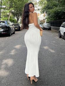 NegzBox Women's Elegant Texture Solid Color Tied Neck Fitted Maxi Fishtail Dress - White - View 2