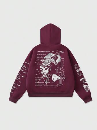 Street Life Herren Grafik Slogan Muster Hoodie, Retro Straßen-Stil, Herbst/Winter