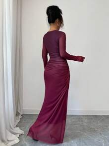 Rafferiza 女式透视网眼长袖渐变色褶饰紧身连衣裙，休闲日常/沙滩/居家/办公室连衣裙 - 酒紅色 - 查看 2