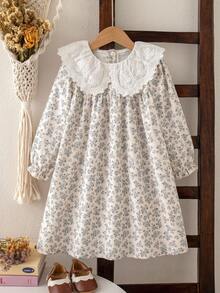 SHEIN Genkimix Kids 1 件女童少女碎花宽松长袖连衣裙，优雅领口花朵设计，秋季休闲百搭连衣裙 - 杏色 - 查看 4