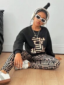 SHEIN 青少年女孩休闲针织圆领长袖上衣和慢跑裤套装 - 黑色 - 查看 5