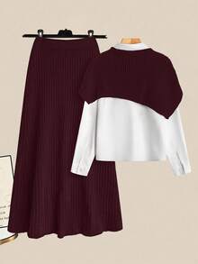 GlowEve 女士时尚不对称超短针织上衣和迷你裙两件套 - 玫瑰紅 - 查看 2