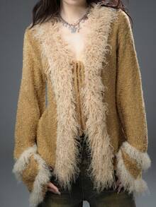 Bloopia 复古性感波西米亚风女秋冬万圣节毛绒领喇叭袖针织开衫 - 卡其色 - 查看 7