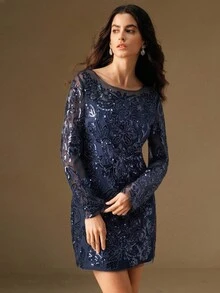 Anewsta 女士优雅亮片串珠网眼长袖派对礼服，适合秋季、秋季、冬季、外出、正式、派对、时尚、新年、圣诞节、工作、毕业、婚礼 - 藏蓝色 - 查看 5