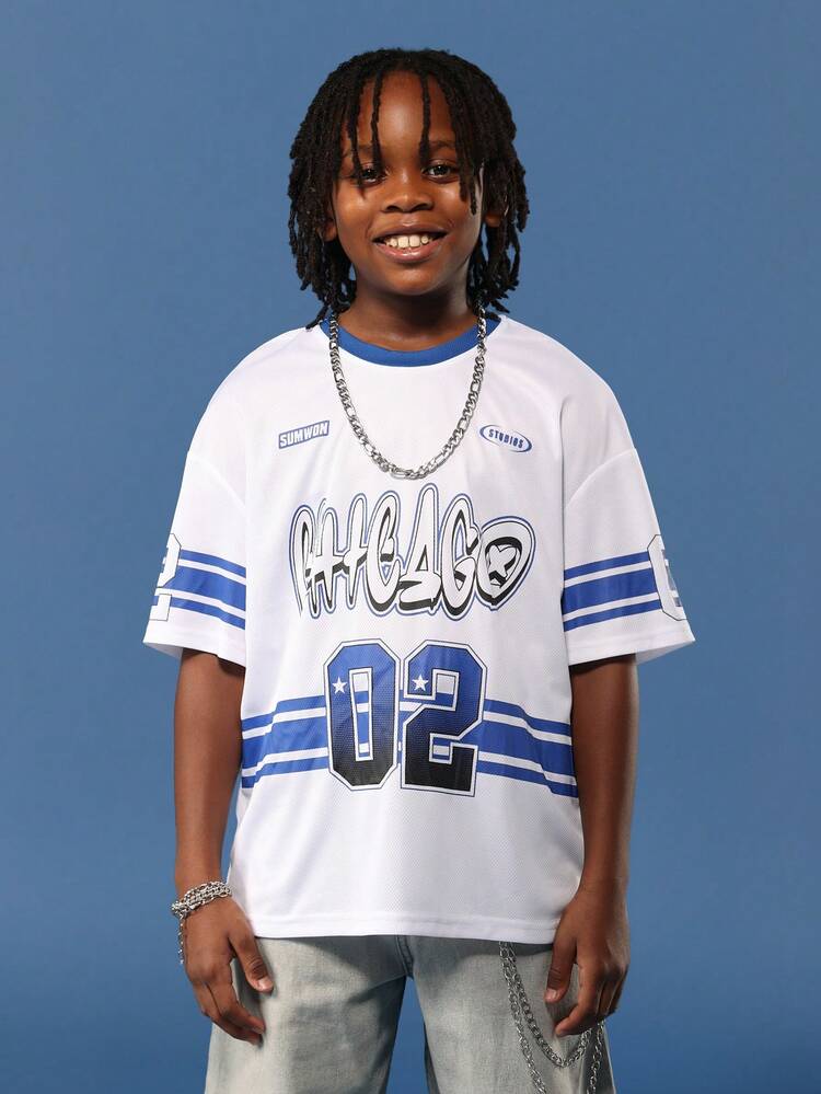 블루 저지 스트라이프와 소매 디테일이 있는 시카고 화이트 티셔츠