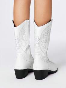 ROMWE Women's White Western Embroidered Cowboy Knee-High Boots, Low Heel Leather Motorcycle Boots, Women's Ankle Boots - White - View 5