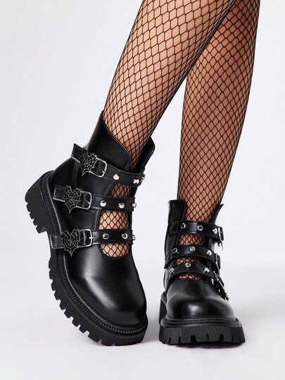 Women's 5cm Vintage Thick Sole Ankle Boots, Punk Goth Style With Metal Rivet, Heart-Shaped, Spider Web Hollow-Out Strap Design, PU Black Side Zipper Daily Wear