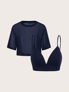 SHEIN BASICS 2pcs Set Casual Solid Color Cropped Cami Top & Round Neck Loose Cropped T-Shirt - Navy Blue - View 2