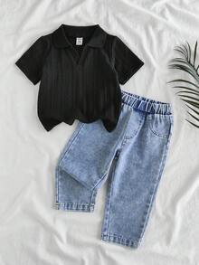 SHEIN Vintaside Kids 幼儿男童百搭休闲翻领短袖上衣搭配时尚水洗牛仔裤套装，适合日常穿着、家庭露营、用餐或购物 - 黑色 - 查看 6