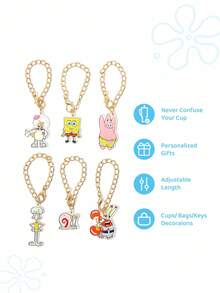 SpongeBob SquarePants | SHEIN 6 件亚克力杯配件标识牌，杯柄个性化装饰饰物 - 派大星、章鱼哥、蟹老板、桑迪、盖瑞，适用于带手柄的杯子、办公室、家居、生日派对 - 彩色 - 查看 3