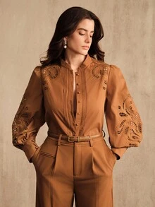 Anewsta Women's Elegant Halloween & Christmas Hollow Out Embroidered Solid Color Long Sleeve Loose Blouse, Autumn/Winter - Khaki - View 4