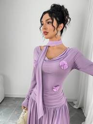 Modelyn Vestido Longo de Manga Longa Elegante com Aplicação Plissada de Cor Sólida para Mulheres