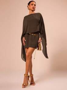 MUSERA Boat Neck Sleeve Mini Dress Vacation Summer Draped Slouch Boho Elegant Holiday Cute Sexy Vacation Ibiza Festival Rave Concert  Wedding Guest, Elegant, Birthday, Night Out, Date Night Party     Summer Outfit - Chocolate Brown - View 4