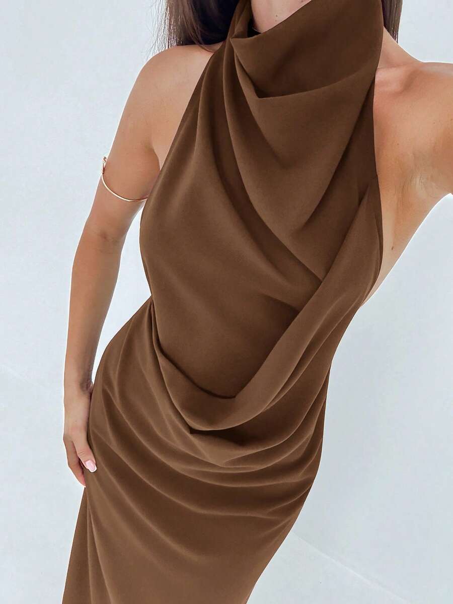 Aloruh New Sexy Backless Sleeveless Off-Shoulder Ruched Decor Slimming Concealed Belly Long Cocktail Party Music Festival Versatile Relaxed Fit Vintage Eggplant Purple Flowy Dress,Dresses For Women Party