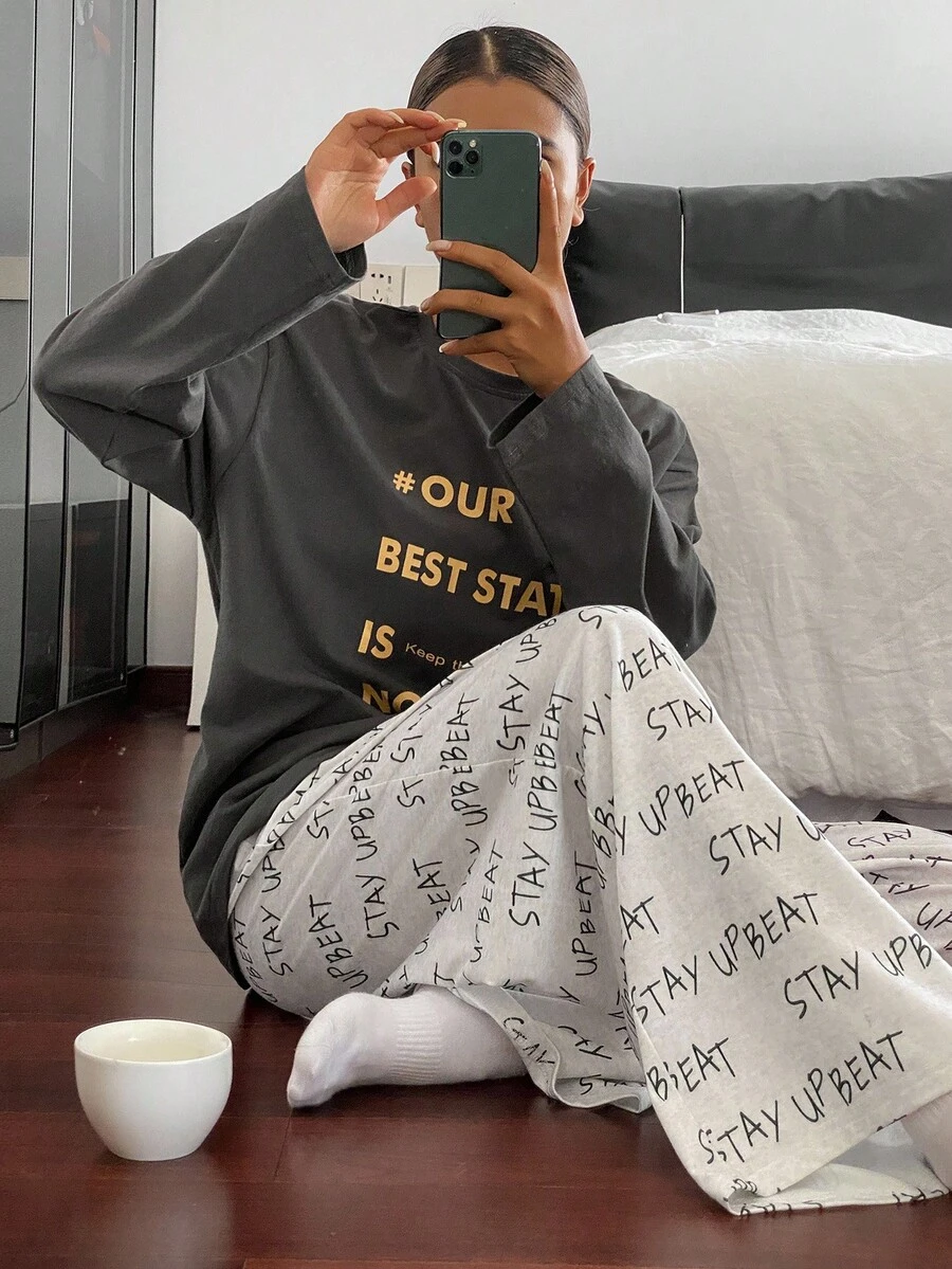 DAZY 2 件女士宽松字母印花长袖睡衣套装，秋季衣服 - 深灰色 - 查看 1