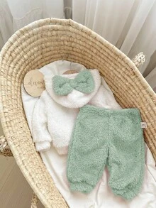 SHEIN 新生女婴可爱毛茸茸卡通印花连帽上衣和松紧腰带裤子套装，秋冬 - 綠色 - 查看 2