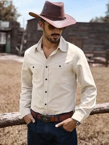 Manfinity Nomadique Men's Casual Solid Color Long Sleeve Shirt Button-Down Shirt Music Festival, Nightclub Bar, Boyfriend/Husband Gift, Beige Men Western Shirt Men Western Shirts Western Wear For Men Cowboy Shirts Men Rodeo Shirt Men, Fall - Beige - View 5