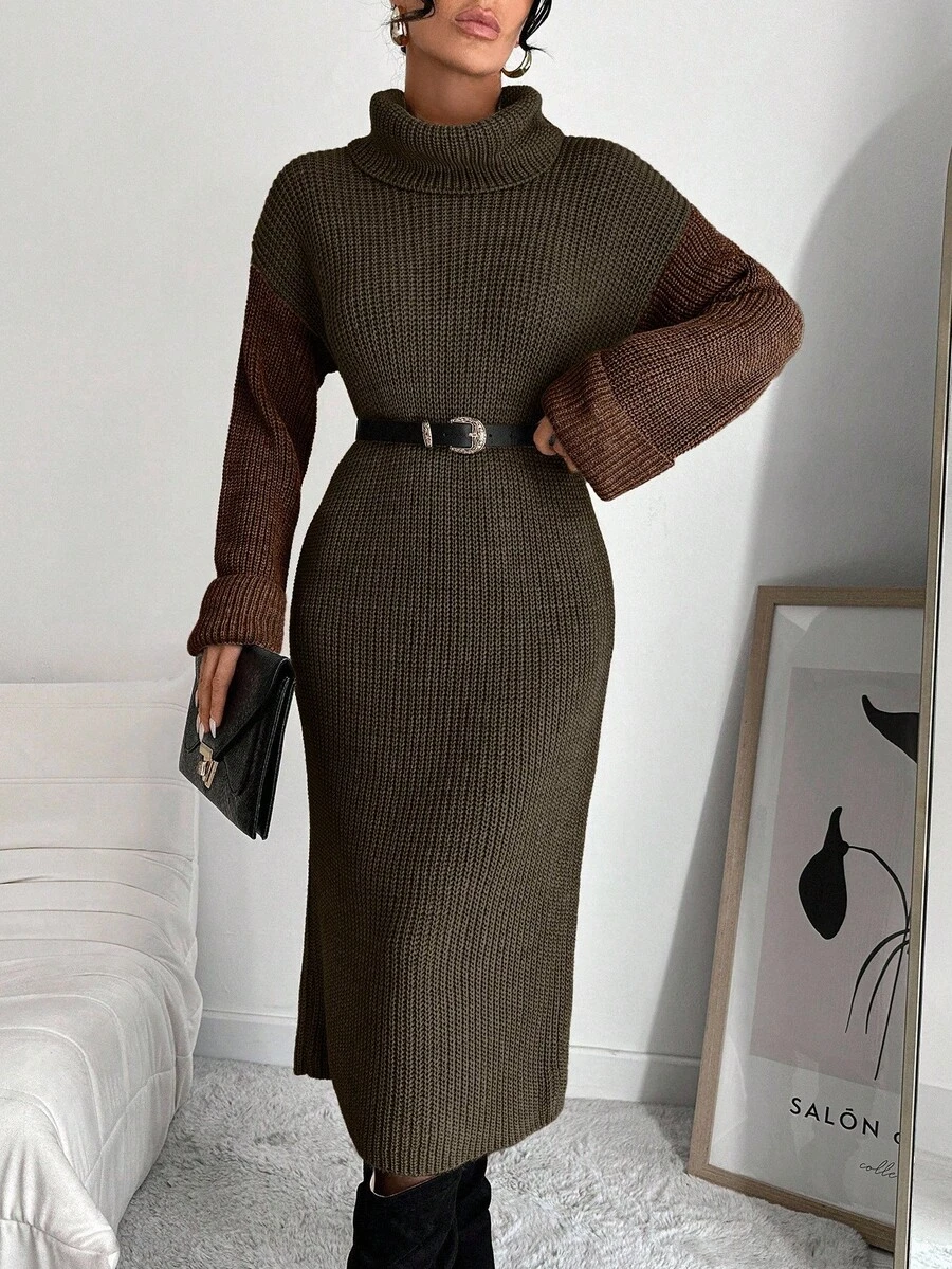 EURMUSE Women's Autumn/Winter Fashion Color Block High Neck Knit Dress - Dark Green - View 1