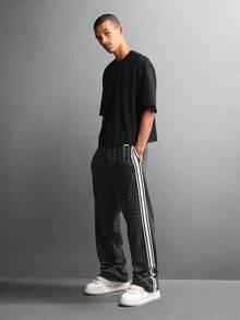 SUMWON Leopard Print Drawstring Wide Leg Sweatpants With Side Stripe Detail Loose Fit Casual Streetwear Relaxed Lounge Pants Autumn Winter Collection - Dark Grey - View 3