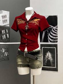 StreetHx Áo sơ mi phong cách Punk in họa tiết gradient nhiều màu - Đỏ - Xem 3
