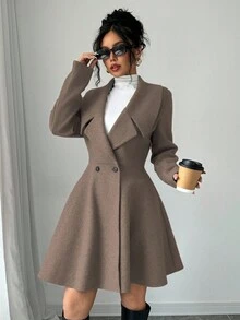 Elenzga Áo khoác ngoài tay dài màu trơn đơn giản dành cho nữ - Màu nâu Sô-cô-la - Xem 4