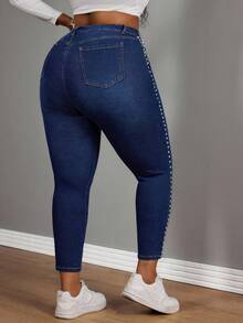 Slaydiva Jeans azules de talla grande con estilo vaquero, cintura elástica y detalles de remaches laterales, para otoño e invierno - Azul lavado oscuro - Ver 2