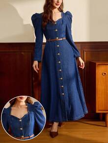 Vintamour Women's Fashion Casual Leg-Of-Mutton Sleeve Heart Collar Denim Dress Long Sleeve Denim Dress Denim Maxi Dress Blue Jean Dress Button Down Denim Dress Denim Dress With Puff Sleeves Puff Sleeve Denim Dress Denim Dress With Buttons Blue Jean Dresses For Women - Dark Wash - View 1