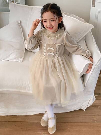 DAZY 女孩年轻女孩秋冬天鹅绒公主裙，带可爱蝴蝶结、蕾丝花边、薄纱，适合日常、节日和派对