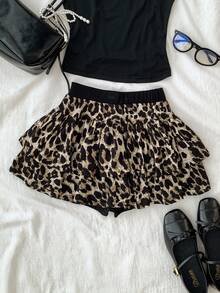 SHEIN 少女豹纹叠层A字裙裤，休闲运动学院风豹纹猎豹可爱裙裤 - 棕色 - 查看 2